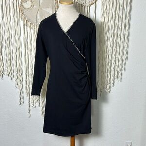 Anne Fontaine Black Ness Faux Wrap Dress with Silver Trim Accent Size 44/US12